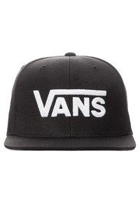 Gorra de béisbol negra con visera plana, que presenta un gran logo bordado en blanco de "VANS" en la parte frontal. Hecha de un tejido texturizado.
