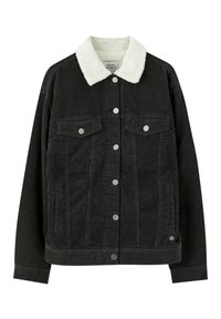 Svart kordflorsjacka med en vit sherpa-krage, tryckknappar, två bröstfickor och ribbad textur. Har regular fit och långa ärmar.