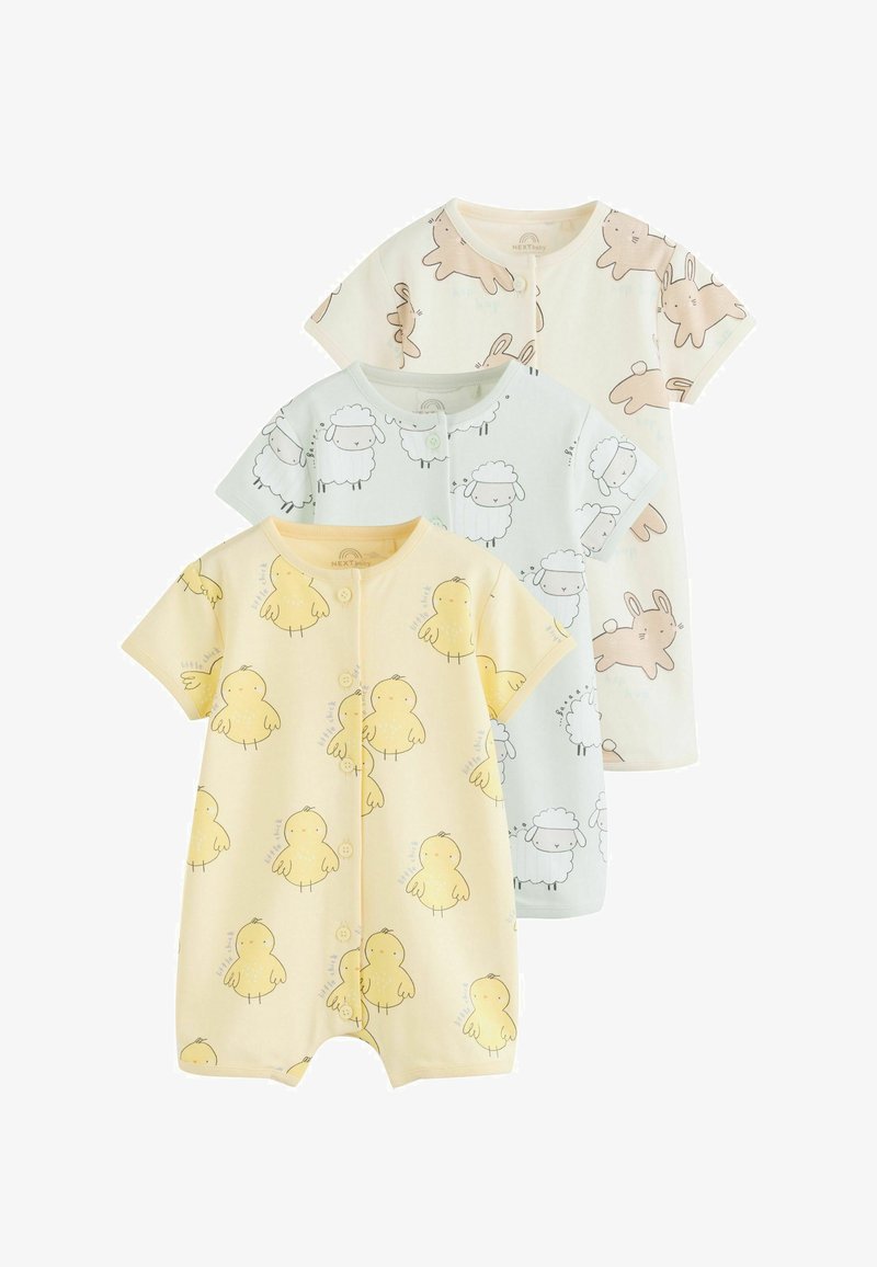 Három rövid ujjú baba rugdalózó pasztell színekben: sárga csibemintával, világoskék juhmintával és krémszínű nyuszimintával. Puha pamutanyag.