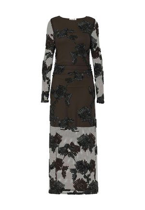 Robe à manches longues avec une base marron et une broderie florale noire, présentant une silhouette ajustée et des manches transparentes. Texture lisse partout.