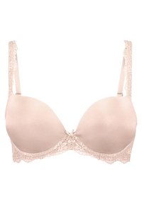Verstevigde beha in zacht beige met verstelbare kantbanden, een delicate kantafwerking aan de onderkant en een klein strikje in het midden voor.