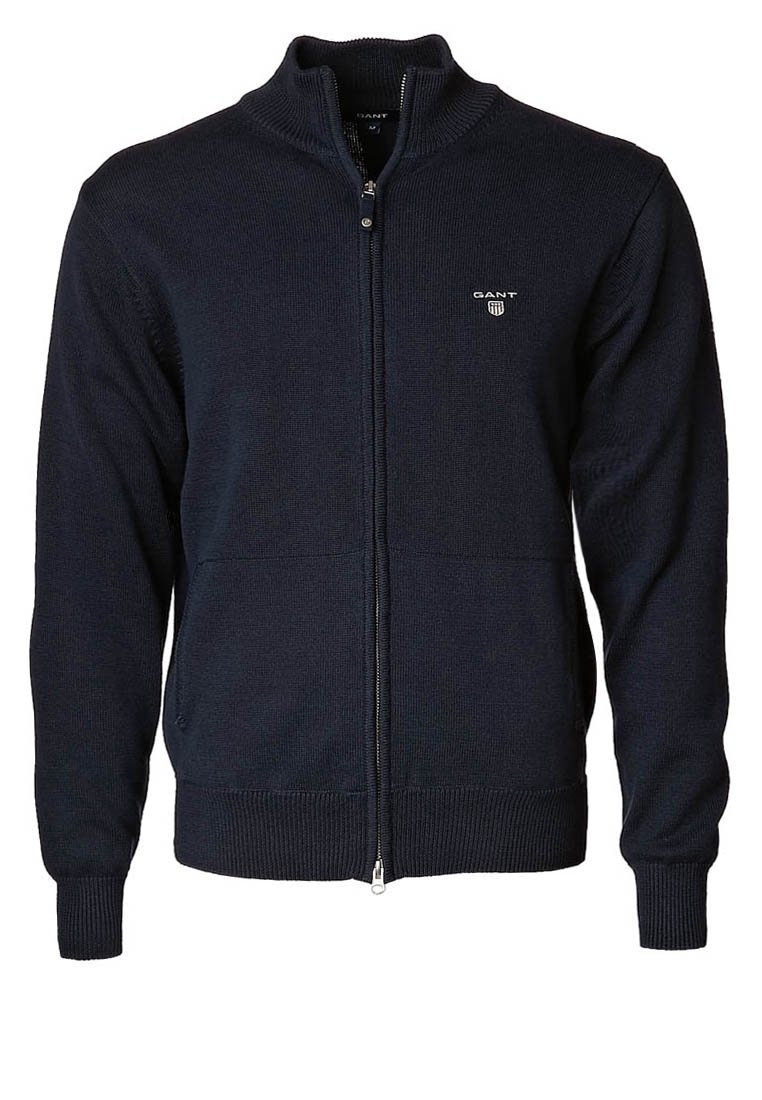 Navy blue knitted zip-up cardigan with ribbed cuffs and hem, standing collar, and small GANT logo on left chest.
