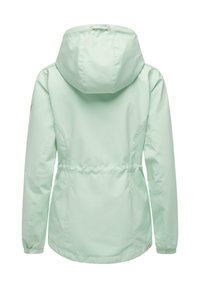 Veste à capuche vert clair avec manches longues, poignets élastiques et cordon de serrage réglable à la taille, vue de dos sur un fond blanc.