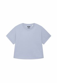T-shirt cropped blu chiaro realizzato in cotone. Presenta un collo rotondo e maniche corte, con cuciture minime e senza motivi visibili.