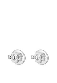 Orecchini in argento sterling con un design a fiore e retro arrotondato. Superficie liscia con una finitura lucida, che mette in mostra dettagli di artigianato.