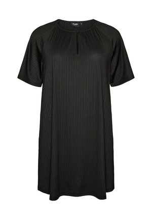 Zwarte jurk met korte mouwen, subtiele verticale ribbels en een klein keyhole-detail aan de voorkant van de halslijn.