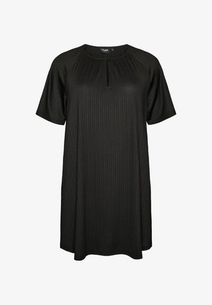 Schwarzes Kurzarmkleid mit feiner vertikaler Rippstruktur und kleinem Keyhole-Ausschnitt vorne.
