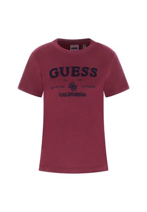 Burgundi rövid ujjú póló, navy kék hímzett "GUESS" logóval és szöveggel, puha pamut anyagból, kerek nyakkivágással és kényelmes szabással.