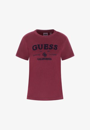 Burgundy short-sleeve t-shirt features navy embroidered "GUESS" logo and text, crafted from soft cotton fabric, round neckline, relaxed fit.