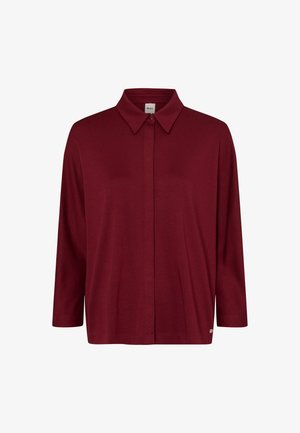 Bordeaux lange mouwen overhemd met een klassieke kraag, knoopsluiting en een licht ontspannen pasvorm. Zacht materiaal met een gladde textuur.