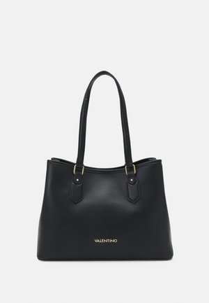 Black textured leather handbag with two long shoulder straps and gold "VALENTINO" logo centered on front.