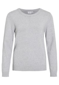 Pull tricoté gris clair à manches longues avec encolure ronde et bords-côtes aux poignets et à l'ourlet, étiquette de la marque Vila.