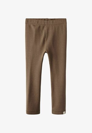 Bruine katoenen legging met een elastische tailleband, gladde textuur en een nauwsluitende pasvorm. Voorzien van een klein wit merkembleem op het onderste deel van het been.