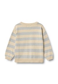 Beige- und grauer gestreifter Pullover mit Rundhalsausschnitt, gerippten Bündchen und Saum. Hergestellt aus weichem Strickmaterial, mit lockerer Passform und langen Ärmeln.