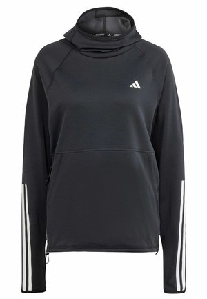 Hanorac sport negru cu guler înalt, logo Adidas alb și dungi albe pe mâneci. Are un material texturat și un buzunar frontal.