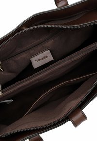 Borsa tote marrone con due scomparti con zip e interno in tessuto. L'interno presenta un'etichetta e diverse tasche per l'organizzazione.