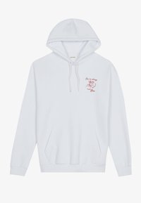 Weiße Kapuzenjacke aus Baumwolle mit einer vorderen Kängurutasche und einer roten gestickten Botschaft mit floralen Details auf der Brust.