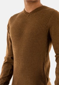 Maglione marrone a maglia con una texture a coste e design a V, caratterizzato da maniche lunghe e una silhouette aderente.