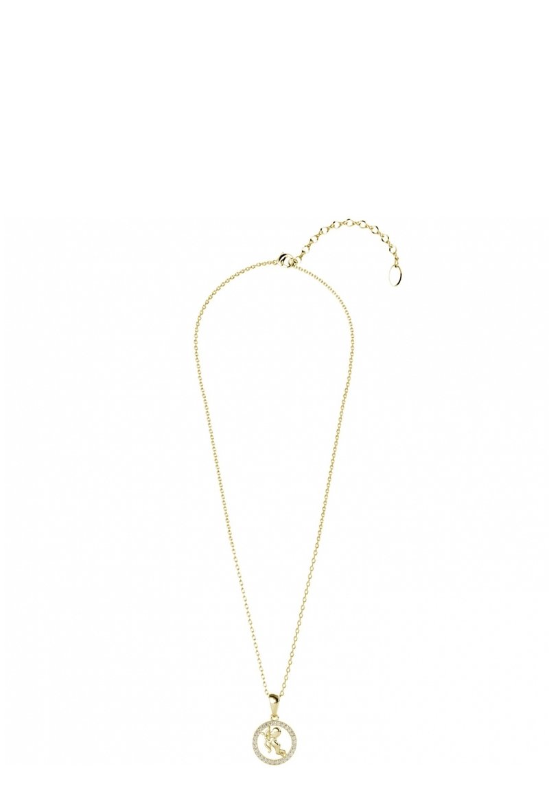 Collana in oro con ciondolo rotondo che presenta una lettera "R" incastonata e accenti circolari di piccole pietre trasparenti.