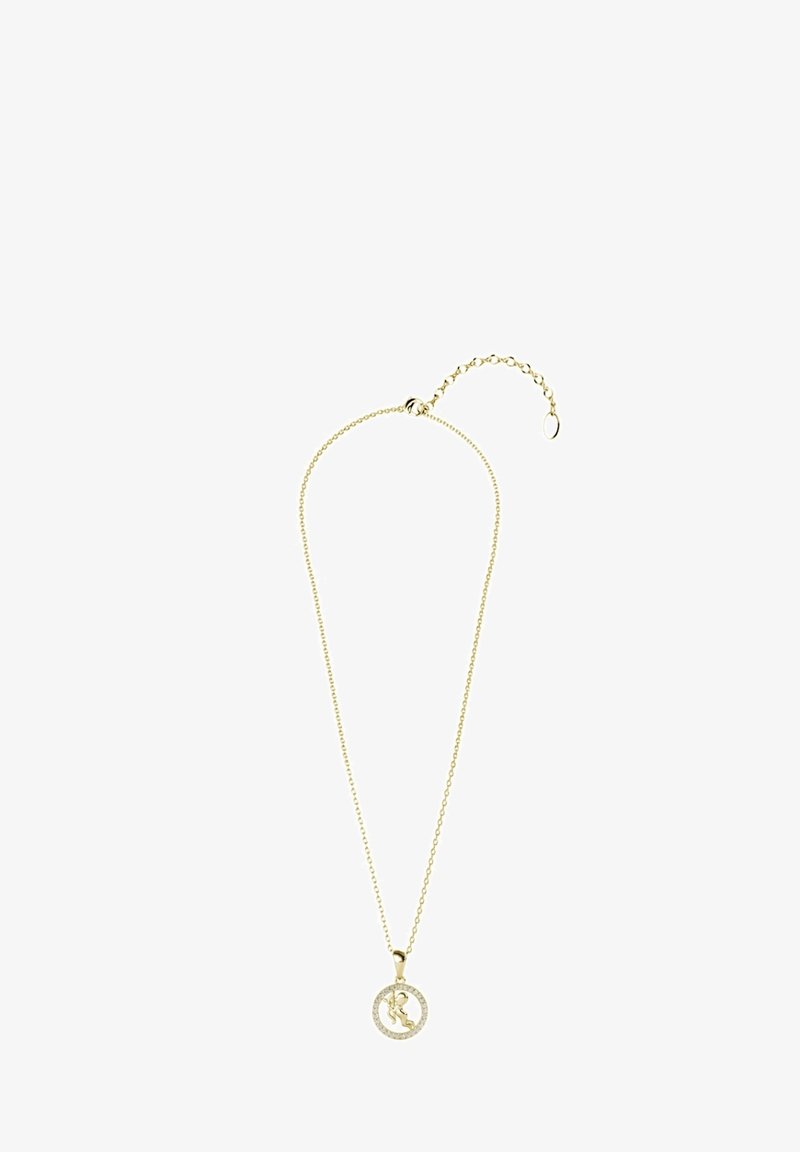 Gouden ketting met een ronde hanger waarin de letter "R" is verwerkt en cirkelvormige accenten van kleine heldere stenen.