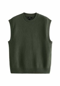 Gilet sans manches en tricot vert foncé avec encolure ronde, emmanchures et ourlet côtelés, présenté à plat sur fond blanc.