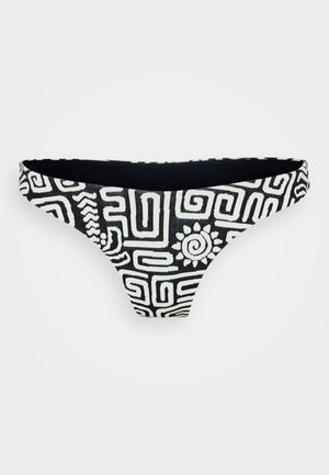 Fekete-fehér bikinialsó geometrikus mintákkal és napmotívummal. Texturált anyagból készült, alacsony derékvonallal és ívelt szélekkel.