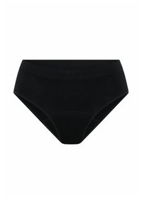 Culotte haute noire en tissu lisse. Comprend un design sans couture et une taille élastique, sans motifs ni accessoires visibles.