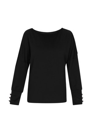 Top negru cu mânecă lungă, cu un decolteu amplu și mâneci bufante. Accente decorative cu nasturi la manșete. Material moale și neted. Croială clasică.