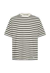 Kreminės ir juodos spalvos dryžuota marškinė su apvalia iškirpte, trumpomis rankovėmis ir laisvu kirpimu. Yra tolygiai išdėstyti horizontalaus rašto dryžiai.