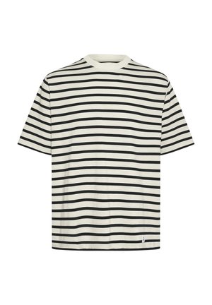 Gestreepte t-shirt in crème en zwart met een ronde hals, korte mouwen en een ontspannen pasvorm. Kenmerkt zich door gelijkmatig verdeelde horizontale strepen.