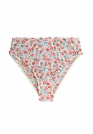 Bawełniane majtki w stylu bikini z białym tłem i wzorem małych czerwonych truskawek oraz zielonych liści. Posiadają miękką elastyczną talię.