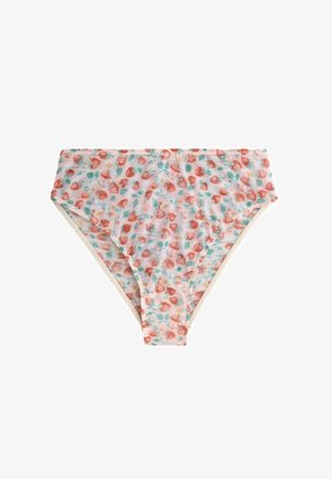 Culotte de bikini en coton avec une base blanche et un motif de petites fraises rouges et de feuilles vertes. Dispose d'une taille élastique douce.