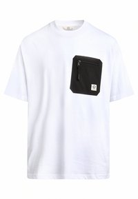 White cotton t-shirt featuring a black zippered pocket, rectangular design, short sleeves, and a round neckline with a label tag.