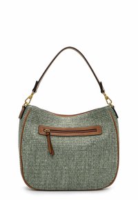 Borsa a spalla in tessuto verde strutturato con rifiniture in pelle marrone, dotata di una tasca frontale con zip e un'unica tracolla per il trasporto.