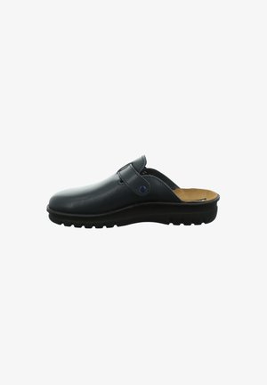 Leather slip-on clog in dark navy with a rounded toe, adjustable strap, and textured black rubber sole. Features a smooth finish.