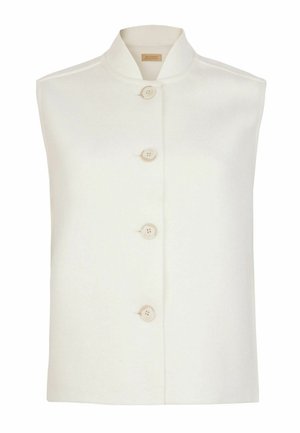 Ærmeløs hvid vest med høj krave og fire store knapper foran, lavet af glat stof.
