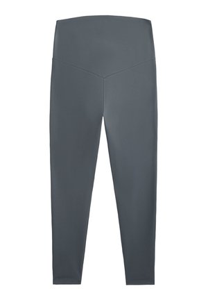 Gray yoga pants with a high waist, smooth texture, and a fitted design extending down to the ankles. No visible seams or patterns.