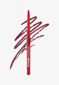 Rød metal eyeliner blyant med fin spids, med en blank finish og en mørk bærfarvet stribe ved siden af, der viser tekstur og glans.