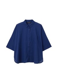 Camisa de botones azul marino con cuello, de mangas cortas, un bolsillo frontal y un ajuste relajado. Confeccionada en tela ligera con una textura suave.