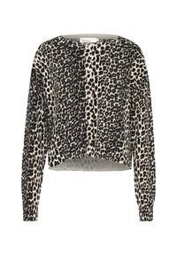 Kuvioitu leopardineule pitkähihaisilla, pyöreällä kaula-aukolla, tekstuuripinnalla ja lyhyellä helmalla, joka on koristeltu mustilla täplillä beige taustalla.