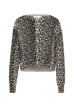 Leopardenmuster-Pullover mit langen Ärmeln, Rundhalsausschnitt, strukturiertem Stoff und einem cropped Saum, der schwarze Flecken auf einem beigen Hintergrund zeigt.