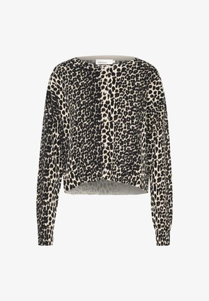 Luipaardprint trui met lange mouwen, ronde halslijn, textuurstof en een cropped zoom, met zwarte vlekken op een beige achtergrond.