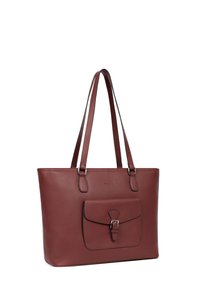 Borsa tote in pelle bordeaux con due manici, forma rettangolare, tasca frontale con dettaglio a fibbia, texture liscia e branding discreto.