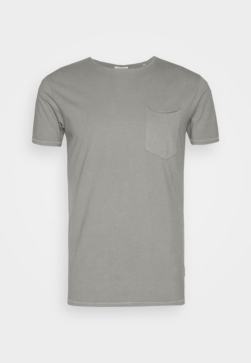 Gray short-sleeve t-shirt made of cotton. Features a round neck and a left chest pocket with visible stitching details.