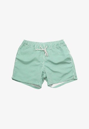 Costumi da bagno a strisce verdi e bianche, realizzati in tessuto leggero, dotati di un elastico in vita con cordoncino e tasche laterali.