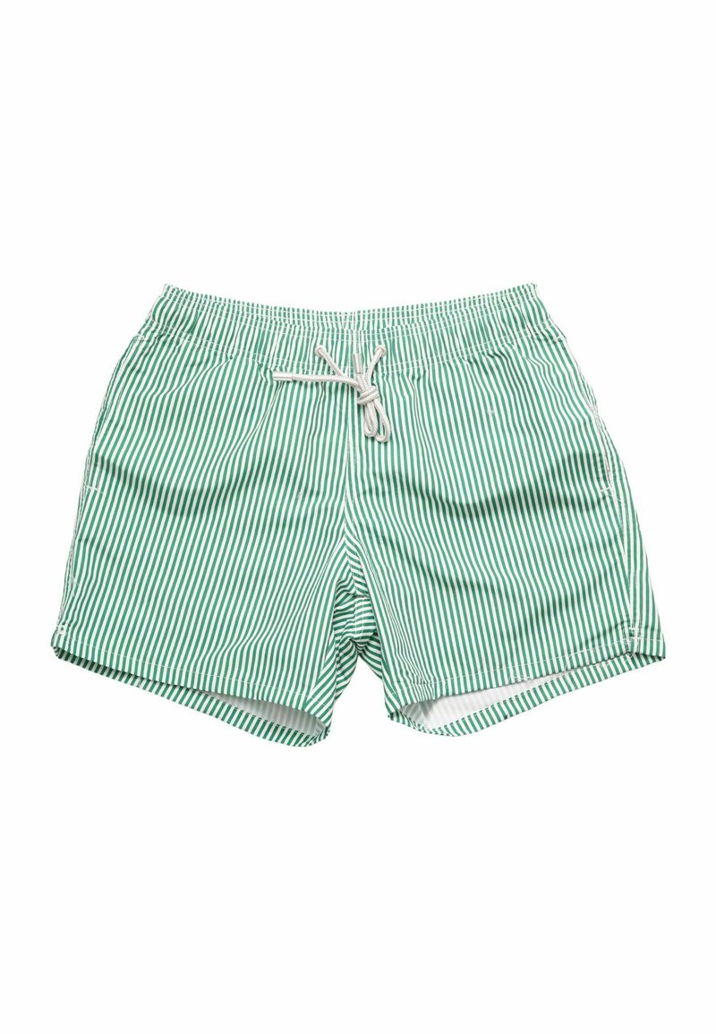 Costumi da bagno a strisce verdi e bianche, realizzati in tessuto leggero, dotati di un elastico in vita con cordoncino e tasche laterali.