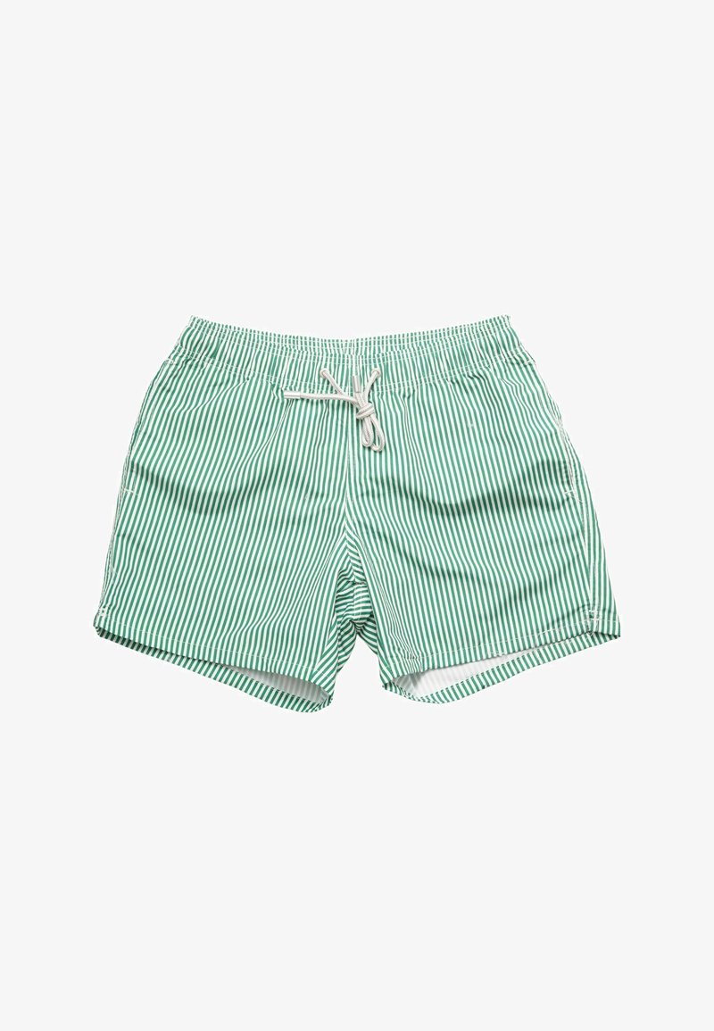 Costumi da bagno a strisce verdi e bianche, realizzati in tessuto leggero, dotati di un elastico in vita con cordoncino e tasche laterali.