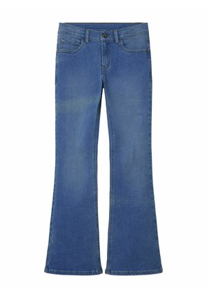Jean en denim bleu évasés avec un design classique à cinq poches et une fermeture à bouton à l'avant, présentant un lavage décoloré et des accents brodés.