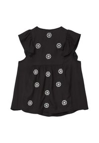 Top nero senza maniche con spalle arricciate e ricamo floreale bianco sul retro.
