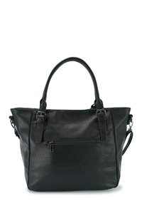 Zwarte neplederen totebag met dubbele handvatten aan de bovenkant, een verstelbare schouderriem en een voorvak met rits. Gladde textuur met een gestructureerde vorm.